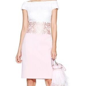 Tadashi Shoji Iwaki Sequin Lace Ivory Mauve pink Off Shoulder Dress size10